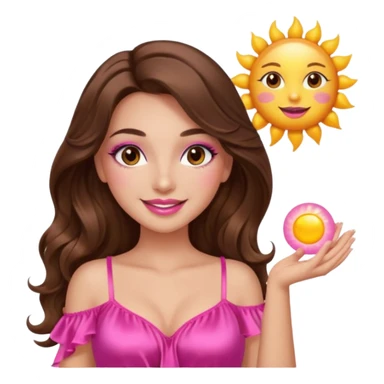 girl with long wavy brown hair, brown eyes, long lashes makeup, sexy pink lips, smiling, light to medium complexion, wearing a pink sexy silk top, holding a big sun sticker