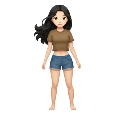 Fair skin girl - long black hair, big waves - wearing brown navel-baring short-sleeved shirt - full body photo sticker