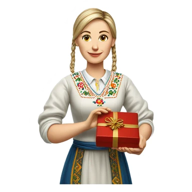 A female teacher in Ukrainian embroidery holds a gift in her hand sticker