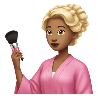 Girl with blonde hair and in pink robe doing makeup sticker