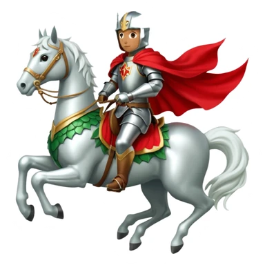 A knight in silver armor with a red cape, riding a white horse atop a green dragon. sticker