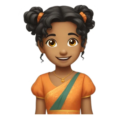 smiling and pointing 3 years old indian girl with black curly hair in pigtails wearing a orange dress sticker