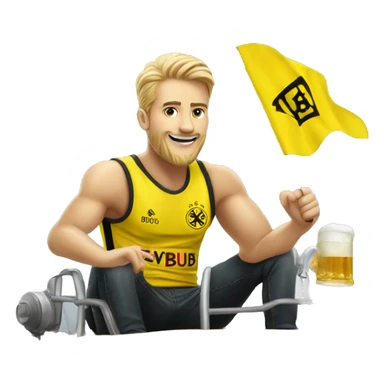 A bvb dortmund themed tank with a fan riding on top holding a beer.  sticker