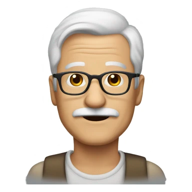 70 year old man with glasses, white hair, mustache sticker