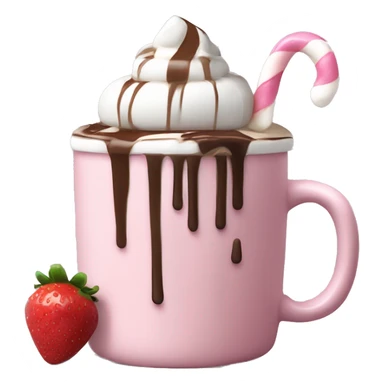 hot chocolate with mug and whip cream and chocolate drizzle and pale pink strawberry and marshmellows sticker
