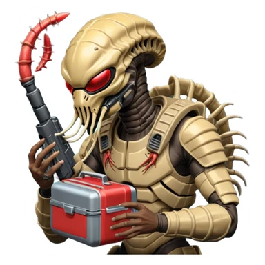 The Predator, as in the 1987 movie, with full armor, shoulder laser gun and mask eating an Alien facehugger from a lunchbox, the setting should be dark and sci-fi. sticker