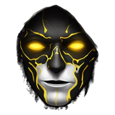 A digital painting of a SPECTRE, cyberpunk man with glowing yellow eyes and black and white face paint, wearing a dark hooded cloak, portrait, intricate details, silver ornate circular frame sticker