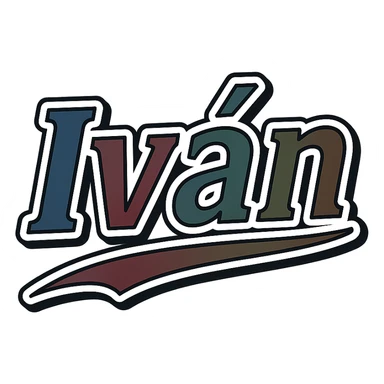 Text image of the name 'Iván' in a masculine, modern, gradient font with precise Hungarian characters, dark contour, prominent and clearly visible white border as in sample images, dynamic slanted underline, masculine color shades including blue, gray, burgundy, green, and brown, 1000x1000 px, PNG, transparent background. sticker