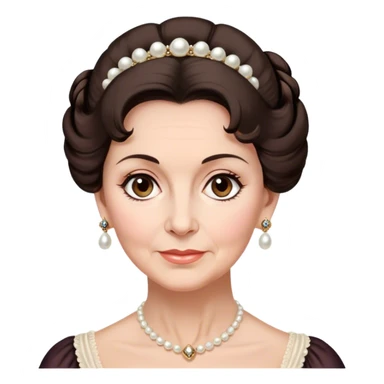 middle-old age lady with dark brown hair, styled in an elegant Regency-era updo, Soft brown eyes, kind but firm gaze, Wears delicate pearl earrings, sticker