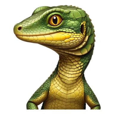 cinematic-realistic-cute-monitor-lizard-portrait-emoji,-head-tilted-playfully-and-inquisitively,-featuring-a-compact,-agile-body-with-finely-detailed,-glossy-scales-in-earthy-olive-hues-and-a-distinct,-alert-face-with-bright,-curious-eyes, yellow, brown spotted and green multi coloured  scales sticker