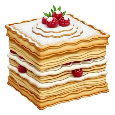 Cinematic Realistic Mille-Feuille Dessert Emoji, depicted as layered puff pastry with rich cream and a dusting of powdered sugar rendered with intricate textures and elegant, soft lighting. sticker