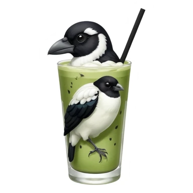 It’s an Australien Magpie (just black and white feathers) sitting on an iced matcha latte on the edge of the glass. It has green matcha on its beak indicating it drank. The iced matxha latte is in a see through glass and white from the oat milk on the bottom and green on top… one straw and ice cubes sticker
