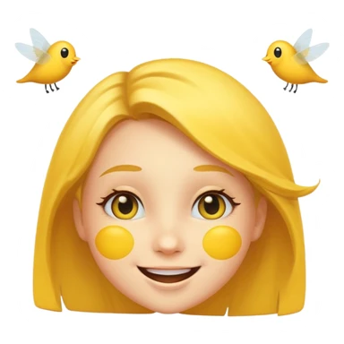 😊🥺 these emojis but with flies around it and its happy yellow face emoji black eyes like the 4th image but its cuter remove the nose make the eyes bigger and fully black and close its mouth make it smile girl whatever sticker