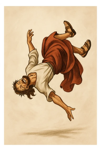 Jesus doing a backflip, dynamic pose, joyful expression, simple background sticker