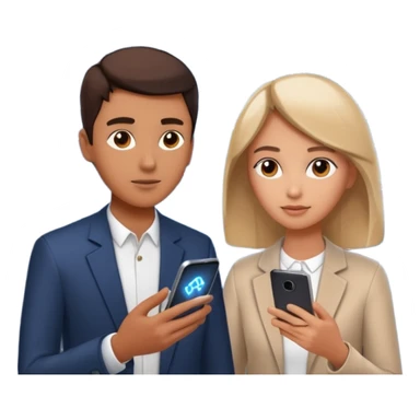Generate a realistic emoji of a two people using a phone which shows artificial intelligence. Out of the phone is coming 3d ideas and electric symbols and a lot of small ideas popping up sticker