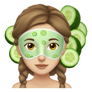 Girl with freackles Brown hair white skin and blue eyes wears Green skin care mask while She relaxes and two round piece cucumber on her closed eyes sticker