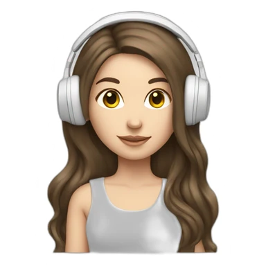 brunette white girl with long hair listening to music with her phone in her hand with white wired headphones  sticker