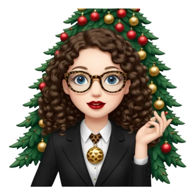 A girl with white pale skin, blue eyes, full lips, brunette long curly hair. She has a leopard print round-ish shaped glasses. She is wearing a all black suit. And she has red lipstick. She is putting gold ornaments happily to a christmas tree. sticker