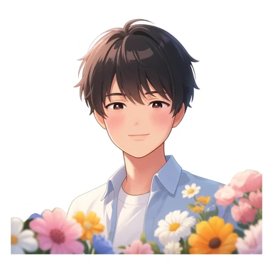 Gorgeous bright sparkly romantic Asian anime style guy with blushing face and flowers aesthetic trending style outside sticker