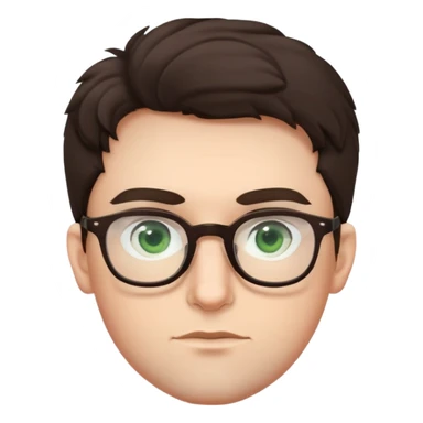 Young man with slightly curled dark brown poofy hair, green eyes wearing glasses, wide face with eyes set apart, bigger ears, pale skin, slightly bigger nose, fuller darker lips, and very light stubble sticker