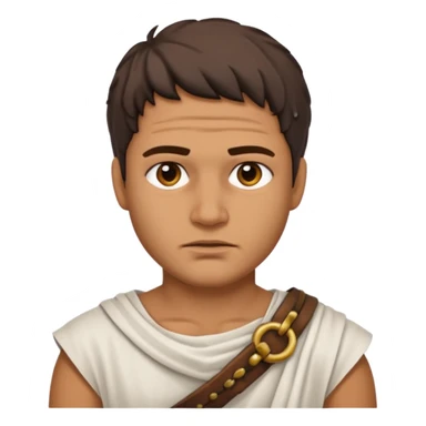 Emoji portrait of a Roman slave. Plain tunic, scar on the face, downtrodden expression. sticker