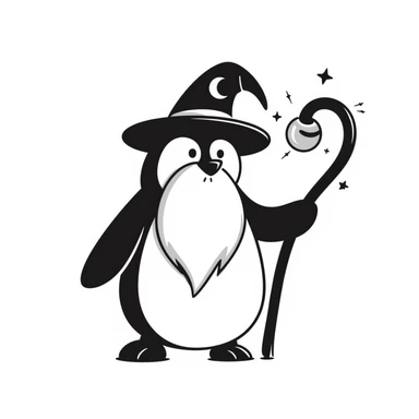 a penguin wizard with a long white beard, pointed hat, and magical staff sticker