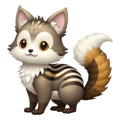 lush warm-colored Fakémon-Trico-creature (full body) with white cheek markings, white-striped tail sticker