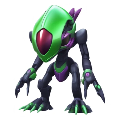 a shiny black-green-purple Genesect-Flygon-Raptor-Fakémon-Medabot-hybrid with a futuristic visor-helmet full body sticker