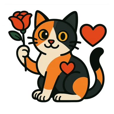 Add a heart to the tricolor cat holding a rose, keep the background transparent, vibrant cartoon style. sticker