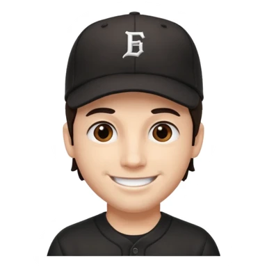 male, dark brown hair, dark brown eyes, fair skin, black baseball hat sticker