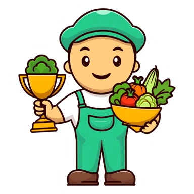 Happy gardener with trophy and prize vegetables sticker