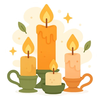 Several cute, glowing candles with flickering flames, set in a cozy and magical atmosphere, designed in a soft color palette: golden orange (FA9B41), deep forest green (4A7C5C), warm taupe brown (96775A), and pastel peach (FFCC9A). The candles are in delicate, slightly vintage holders, with the flames casting a gentle, warm glow. The wax is in shades of golden orange and peach, with subtle gradients, and small decorative patterns or tiny sparkles around them. The soft light from the candles creates a dreamy, enchanting ambiance, surrounded by tiny floating leaves or soft mist. The overall mood is serene, inviting, and magical. sticker