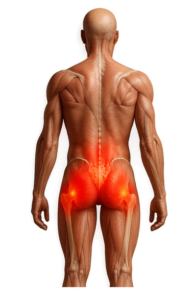 CORPO UMANO ANATOMICO A FIGURA INTERA REALISTICO DI SPALLE CON DOLORE ALLA LOMBARE INFIAMMATA, DOLORE ALL'ANCA, IPERREALISTICO 4K sticker