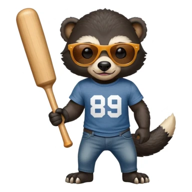 mischievous anthropomorphised honey badger in jeans and a t-shirt, wearing sunglasses, holding a baseball bat over shoulder sticker