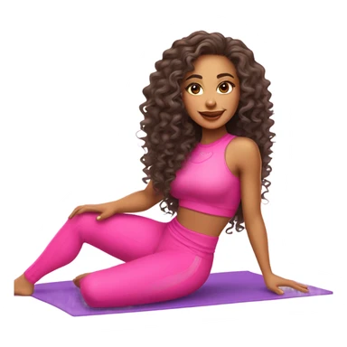 a gorgeous mixed girl with long curly hair to the floor doing pilates in an all pink outfit on a white mat, she has full lips and long eyelashes sticker
