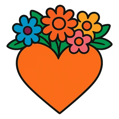 an orange heart with a crown of colorful flowers, vibrant toon style, bold and colorful sticker