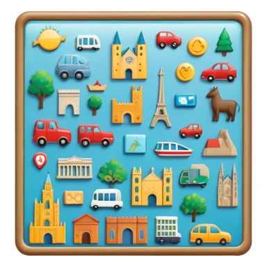 Icon for Magnet Collecting: a magnetic board on a wall displaying a collection of various magnets from different places, featuring cities, animals, and symbols. The icon should evoke the joy and uniqueness of a diverse magnet collection. Transparent background. sticker