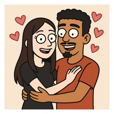 cartoon couple, pale girl with long straight dark brown hair no facial hair, tan boy with short black curly hair, small goatee and separate mustache, surrounded by pink hearts sticker
