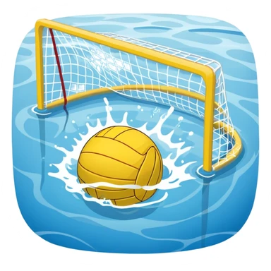 An icon featuring a yellow water polo ball floating on the water with goals in the background, inside a swimming pool. The design includes splashes and ripples, symbolizing the fast-paced action and strategy of water polo. Transparent background highlights. sticker