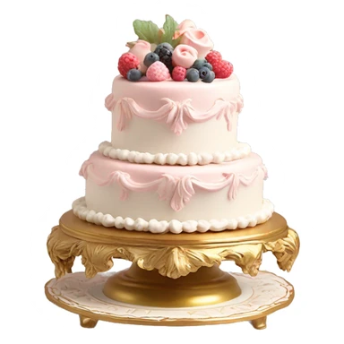 aesthetic vintage rococo cake with white icing, berries on a gold, pale pink, and white ceramic plate stand  sticker