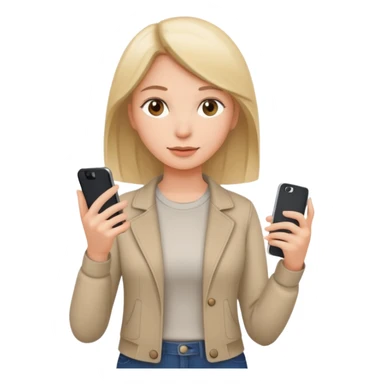 woman casual clothes holding just one phone in one hand and the other hand empty sticker