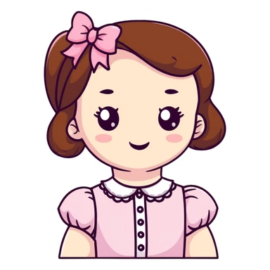 pale skin coquette girl with brown hair, pink bows, lace, pearls, dainty sticker
