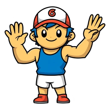 Hot handsomeb muscular 6ft tall smiling happy fun shirtless Ash Ketchum giving friends a high 5 sticker