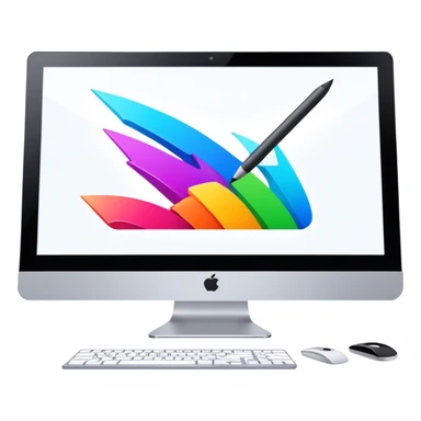 Computer graphics icon, large monitor with graphic design software open, graphic tablet, stylus, vibrant colors, minimalistic style, clean lines, transparent background. sticker