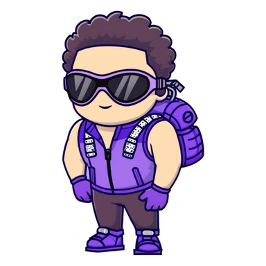 close-up of bad guy male athlete with white skin and moderately curly dark brown hair on top with shaved sides, wearing ski goggles with purple frames and very dark black lenses, a simple plain black chain necklace, and a completely unzipped sleeveless vest with purple and black sequin fire pattern design with no logo, with an extremely arrogant sneer on his face, looking menacing and villainous, exuding overconfidence and a threatening aura sticker