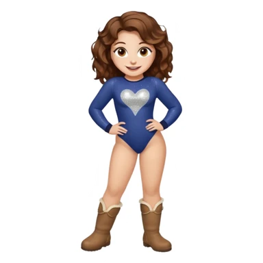 a beautiful girl with wavy volumes brown hazel hair, she has brown eyes and her face is unique, show her entire body she has big boobs and is so curvy make her wear  a body suit with uggs with a big smile and her eyes sparkly and all cute sticker