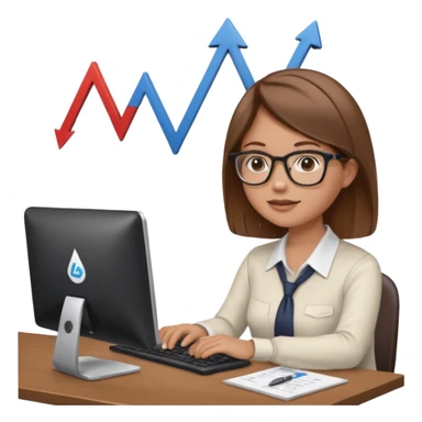 A person sitting at a desk working and looking at a computer with upward arrows and percentage signs, suggesting digital sales, marketing, or outreach. sticker