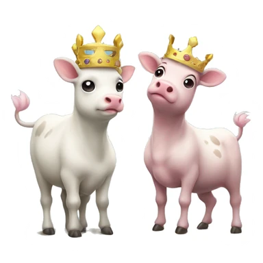 a galarian corsola and a cow each wearing crowns atop a pedestal while looking content with each other sticker