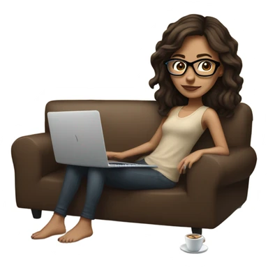 brunette girl laying on a brown couch with cream colored pillows with glasses on and a laptop on small table in front with coffee cup on mouse pad sticker