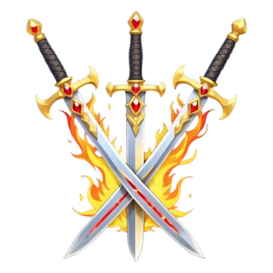 Two crossed swords that are golden in blade and handle and have fiery and royal appearence to them as well as red gem stones yellow in color sticker
